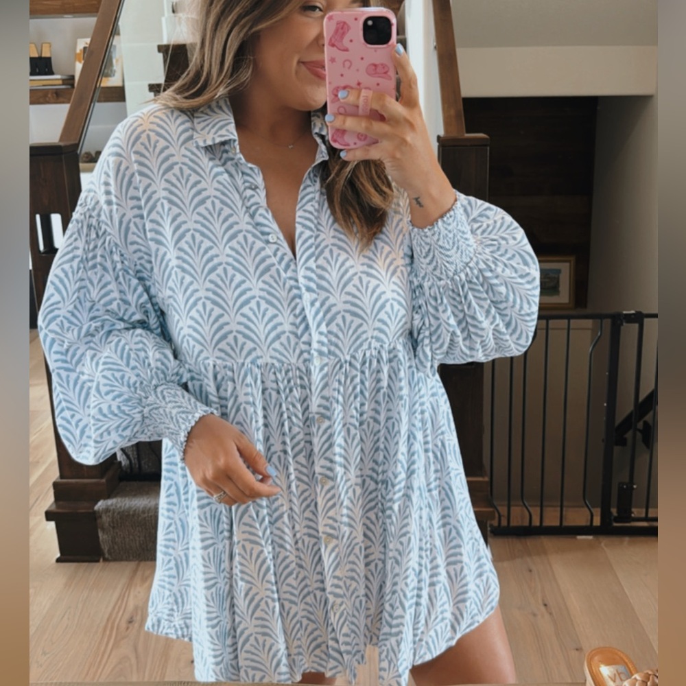 Red Dress Boutique Blue and White Printed Babydoll Shirt Dress